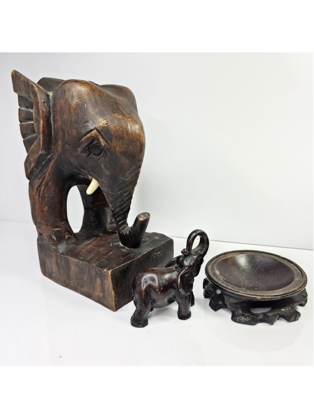 Vintage Kenya Carved Wood Elephant Figurines & Trinket Dish 3 Piece Lot